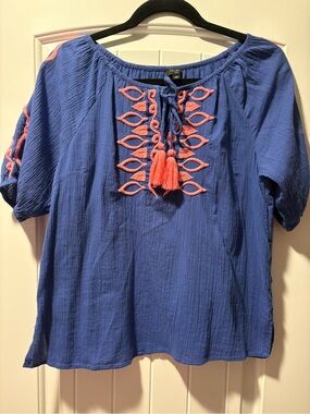 Talbots Blue Peasant Top with Coral Embroidery